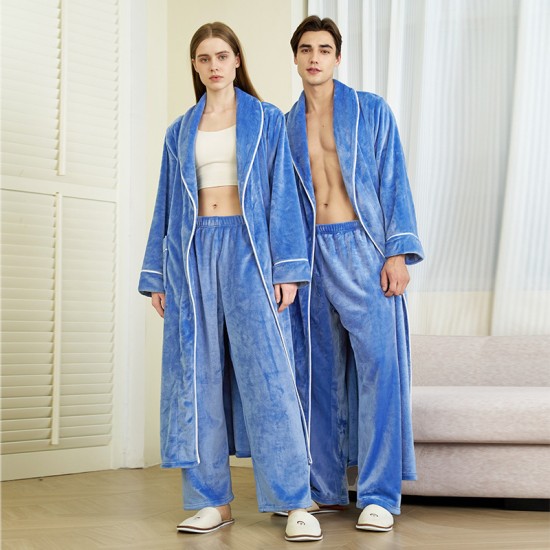 Autumn and winter coral fleece robes for men, plus-length thickened flannel bathrobes for women, with pants.