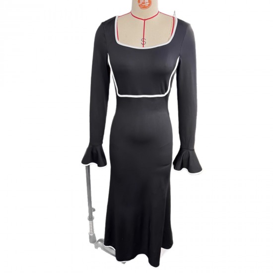 New Spring 2025 European and American Cross-Border Women's Fashion: Elegant and Fashionable Square Neck, Contrast Color, Slim Fit, Bell Sleeve Dress New Spring 2025 European and American Cross-Border Women's Fashion: Elegant and Fashionable Square Neck, Contrast Color, Slim Fit, Bell Sleeve Dress