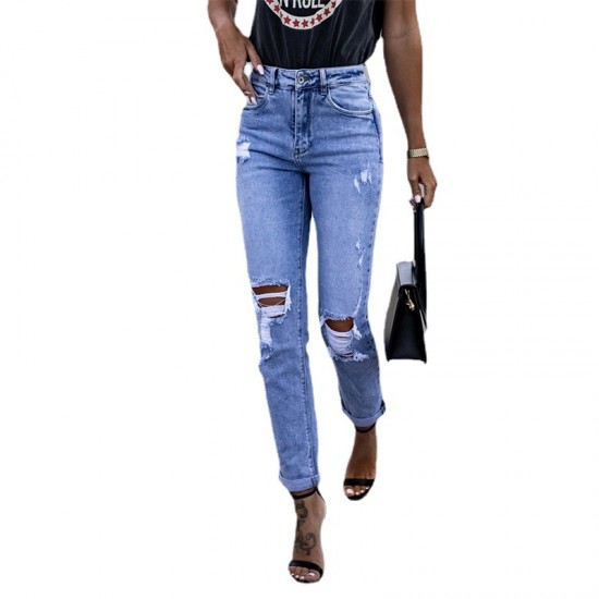 2025 Spring Amazon Factory-Shop European and American Stretch Ripped Women's Straight-Leg Skinny Hip-Lifting Fashion Jeans