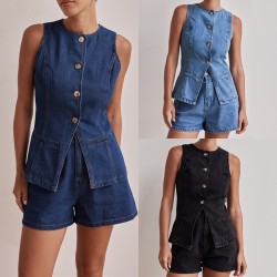 2025 spring and summer new Amazon independent European and American fashion sleeveless waisted high-waisted loose denim shorts set