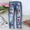 2025 European and American cross-border straight jeans for women, Christmas snowflake print patchwork ripped denim pants in stock