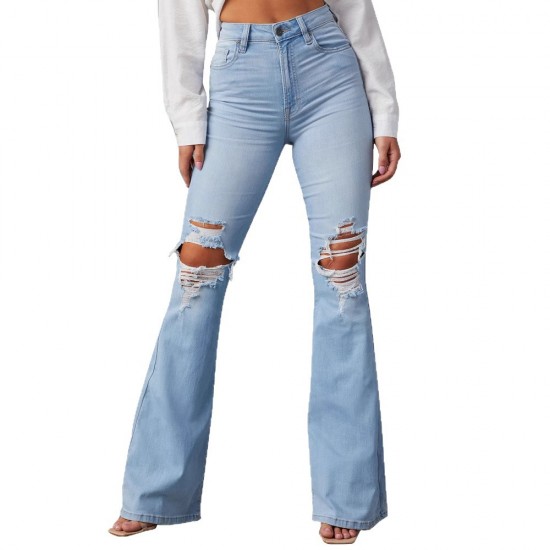 Factory direct sales of 2025 new cross-border European and American high-waisted, ripped jeans for women, street style, flared pants.