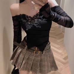 Mesh patchwork off-the-shoulder long-sleeved top for women, summer pure and sexy short black butterfly hollow T-shirt.