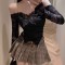 Mesh patchwork off-the-shoulder long-sleeved top for women, summer pure and sexy short black butterfly hollow T-shirt.