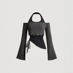 Cross-border European and American women's long-sleeved T-shirts. Contrast-color two-piece halter neck sweater, slimming and hot girl top.