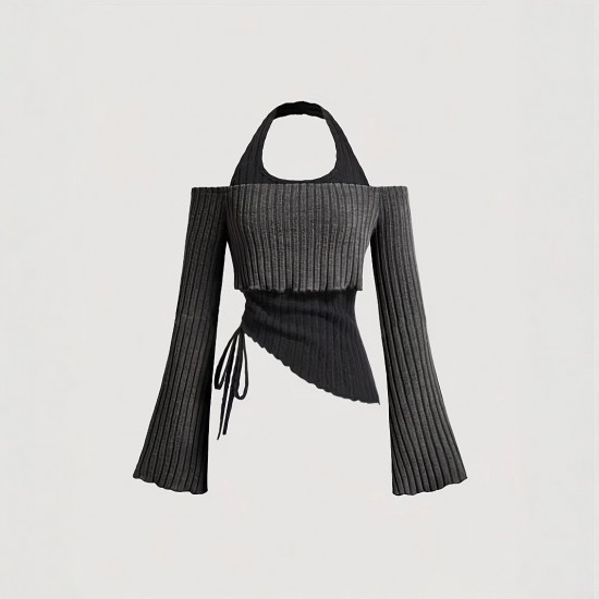 Cross-border European and American women's long-sleeved T-shirts. Contrast-color two-piece halter neck sweater, slimming and hot girl top.