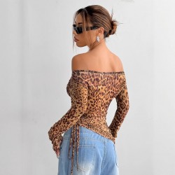 Sexy, European and American summer, long-sleeved, off-the-shoulder, cross-border women's clothing, sexy, leopard-print, one-piece top.