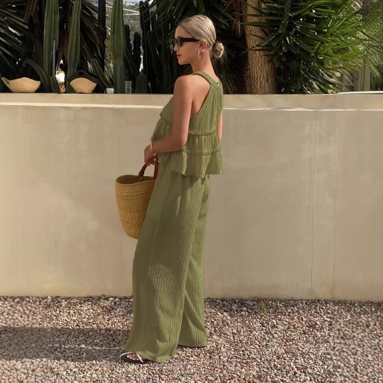 Spring and summer new style ruffled off-the-shoulder halter neck sleeveless shirt for women, fashionable elastic waist casual wide-leg pants set Spring and summer new style ruffled off-the-shoulder halter neck sleeveless shirt for women, fashionable elastic waist casual wide-leg pants set