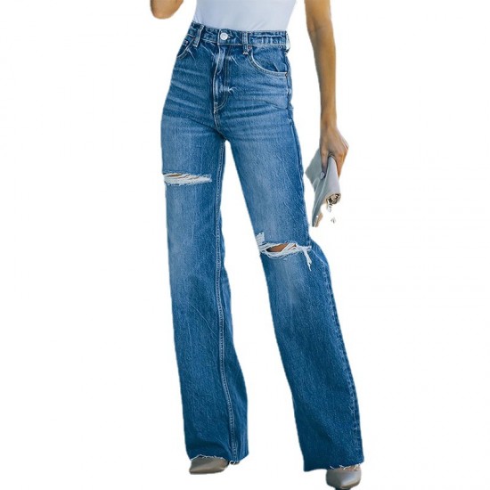 Factory direct sales, 2022 autumn new high-waisted jeans for women Washed and ripped wide-leg European and American denim trousers