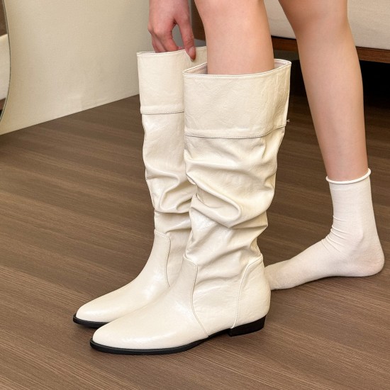 Soft and comfortable! Creamy white pleated high boots with inner heels for women, low-heeled thick-heeled Martin boots Soft and comfortable! Creamy white pleated high boots with inner heels for women, low-heeled thick-heeled Martin boots