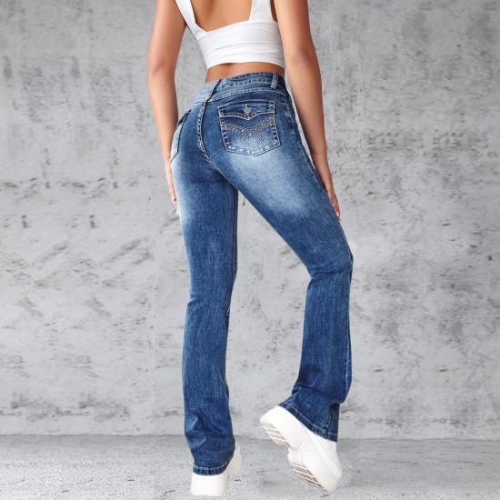 Factory direct sales: 2025 cross-border European and American retro hot girl jeans, tight-fitting, high-elastic flared pants for women, in stock
