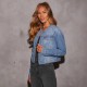 2025 Spring new women's slim-fitting collarless long-sleeved denim jacket, vintage multi-pocket work jacket.