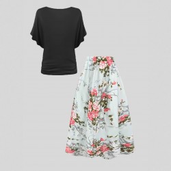 Best-selling cross-border women's clothing: factory direct sales. New Summer European and American Retro Round Neck and Print Swing Skirt Set