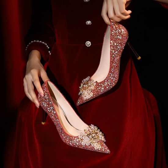 French wedding shoes for women, new summer 2023 red bridal high heels, Xiuhe toast dress, crystal slippers. French wedding shoes for women, new summer 2023 red bridal high heels, Xiuhe toast dress, crystal slippers.