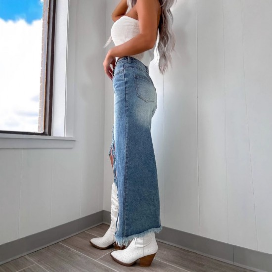 Amazon cross-border 2025 Spring new high-waisted, irregular, raw-edge denim skirt for women, distressed and washed.