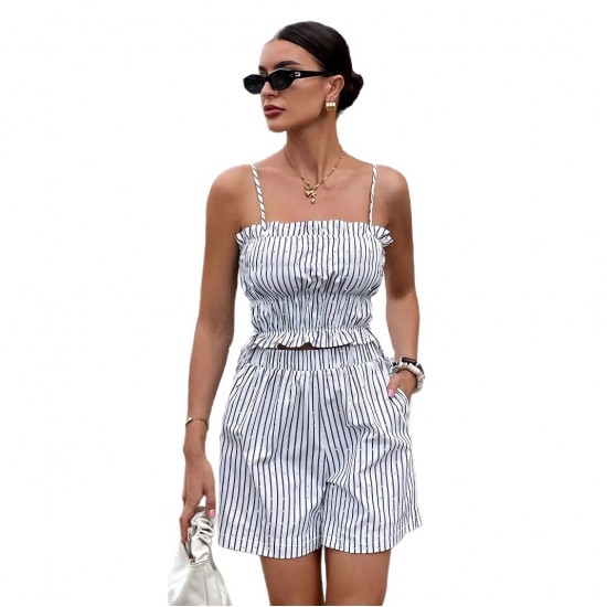 Cross-border European and American women's clothing: 2025 spring/summer stylish striped short top and bottom set.
