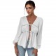 Elegant long-sleeved top, blouse. Loose-fitting V-neck, ruffled hem, contrasting lace-up design for a slimming, versatile shirt. Elegant long-sleeved top, blouse. Loose-fitting V-neck, ruffled hem, contrasting lace-up design for a slimming, versatile shirt.