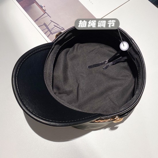 Chained leather beret for women, British retro octagonal hat, Japanese influencer Korean style, versatile PU leather painter hat Chained leather beret for women, British retro octagonal hat, Japanese influencer Korean style, versatile PU leather painter hat
