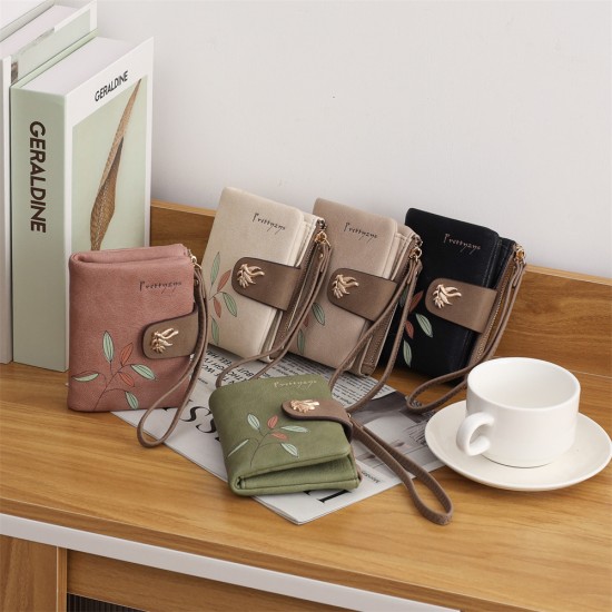 Lianbu new women's short wallet, two-fold, soft PU wallet with fashionable leaf print, buckle, zippered wallet, student wallet. Lianbu new women's short wallet, two-fold, soft PU wallet with fashionable leaf print, buckle, zippered wallet, student wallet.