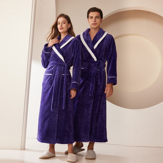 Autumn and Winter Thickened Baby Fleece Couples' Nightgowns for Women, Extra-Long Pineapple Plaid Flannel Bathrobes for Men, Plus-Size