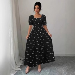New cross-border short-sleeved bow-knot maxi dress, slim waist, printed European and American short-sleeved bow dress.