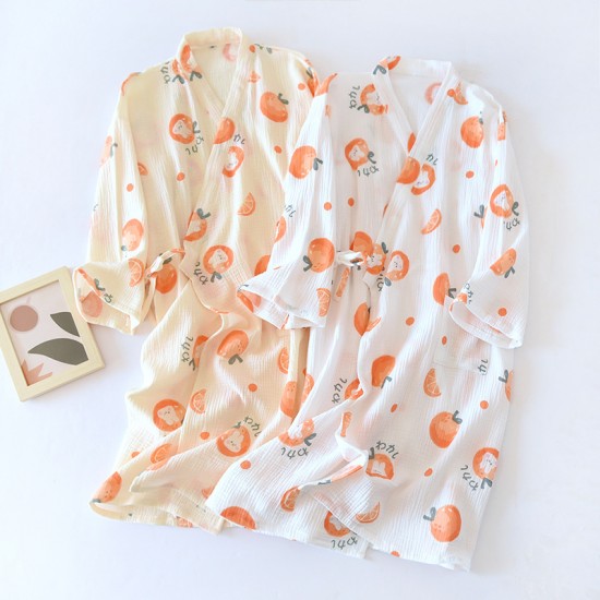 Women's cotton double-layer gauze pajamas, round neck, long sleeves, thin, spring, summer, and autumn, loose, thin loungewear set.