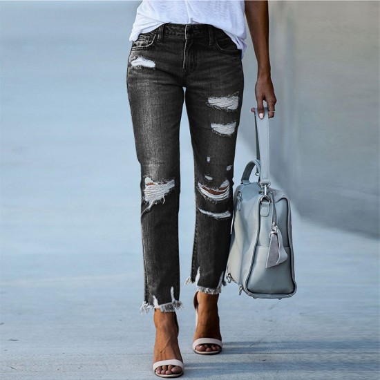 Factory direct sales: 2025 new washed ripped tassel women's jeans, European and American slim-fit stretch skinny jeans, wholesale
