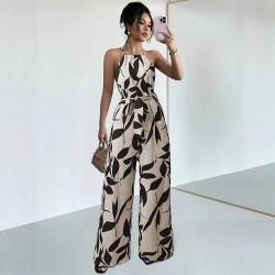 2025 Spring/Summer European and American style wide-leg trousers for women, fashionable printed waist-slimming halter-neck jumpsuit for women.
