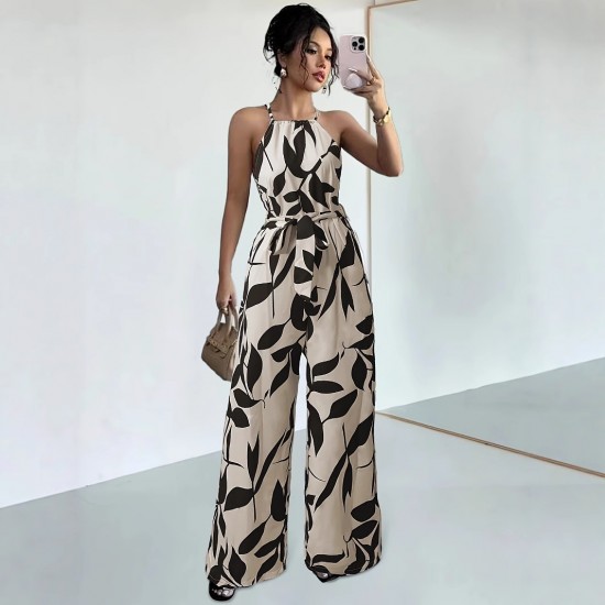 2025 Spring/Summer European and American style wide-leg trousers for women, fashionable printed waist-slimming halter-neck jumpsuit for women.