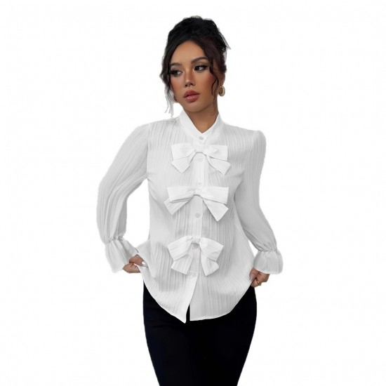 European and American women's shirts for Spring/Autumn 2025: French-style long-sleeved top with a 3D bow detail. European and American women's shirts for Spring/Autumn 2025: French-style long-sleeved top with a 3D bow detail.