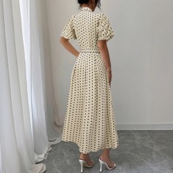 European and American women's polka-dot retro short-sleeved maxi dresses with a belt and decorative buckle for a slimming, fashionable dress.