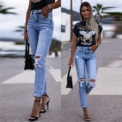2025 Spring Amazon Factory-Shop European and American Stretch Ripped Women's Straight-Leg Skinny Hip-Lifting Fashion Jeans