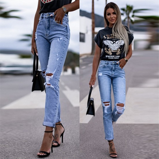 2025 Spring Amazon Factory-Shop European and American Stretch Ripped Women's Straight-Leg Skinny Hip-Lifting Fashion Jeans