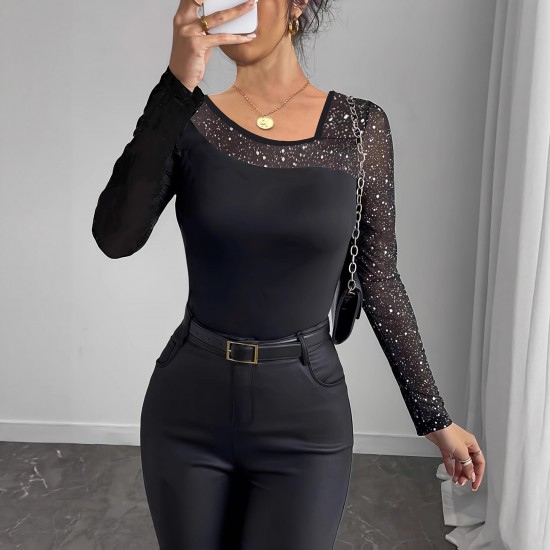Sexy Hottie Long-Sleeved Top: New Spring and Summer European and American Style Celebrity Mesh Polka Dot Irregular Neck Slim Fit T-Shirt for Women Sexy Hottie Long-Sleeved Top: New Spring and Summer European and American Style Celebrity Mesh Polka Dot Irregular Neck Slim Fit T-Shirt for Women