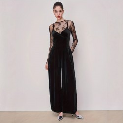 Elegant black lace, see-through, long-sleeved base top, suspender straps, and a slim-waisted velvet jumpsuit, two-piece set.