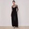 Elegant black lace, see-through, long-sleeved base top, suspender straps, and a slim-waisted velvet jumpsuit, two-piece set.