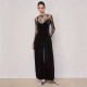 Elegant black lace, see-through, long-sleeved base top, suspender straps, and a slim-waisted velvet jumpsuit, two-piece set.