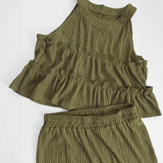 Spring and summer new style ruffled off-the-shoulder halter neck sleeveless shirt for women, fashionable elastic waist casual wide-leg pants set Spring and summer new style ruffled off-the-shoulder halter neck sleeveless shirt for women, fashionable elastic waist casual wide-leg pants set