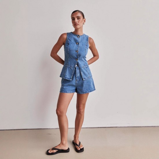 2025 spring and summer new Amazon independent European and American fashion sleeveless waisted high-waisted loose denim shorts set