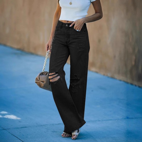 European and American Cross-Border 2025 Spring/Autumn New High-Waisted Slimming Ripped Straight-Leg Jeans for Women: In Stock
