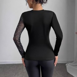 Sexy Hottie Long-Sleeved Top: New Spring and Summer European and American Style Celebrity Mesh Polka Dot Irregular Neck Slim Fit T-Shirt for Women
