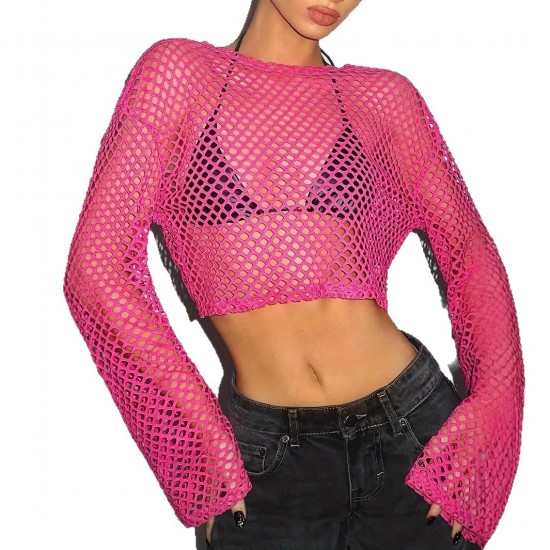 Mesh eyelet knitted top with outer layer, cross-border European and American fashion, fishnet see-through, sexy women's clothing