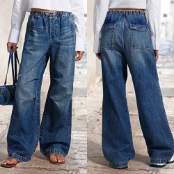 2025 spring new European and American cross-border mid-waisted wide-leg pleated loose jeans for women, street retro straight-leg pants