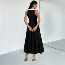 2025 summer new women's lapel, two-button chest, slim-fitting bow-tie sleeveless dress.