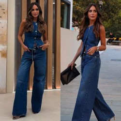 Amazon AliExpress cross-border European and American 2025 spring and summer new sleeveless women's clothing. Fashionable wide-leg denim vest set