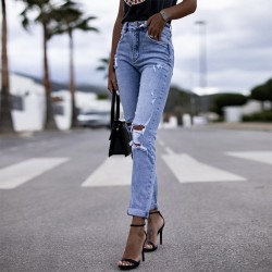 2025 Spring Amazon Factory-Shop European and American Stretch Ripped Women's Straight-Leg Skinny Hip-Lifting Fashion Jeans