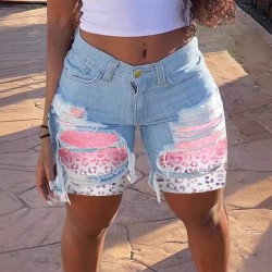 2025 spring and summer new European and American cross-border patchwork denim shorts for women, stylish streetwear ripped straight-leg mid-length pants in stock