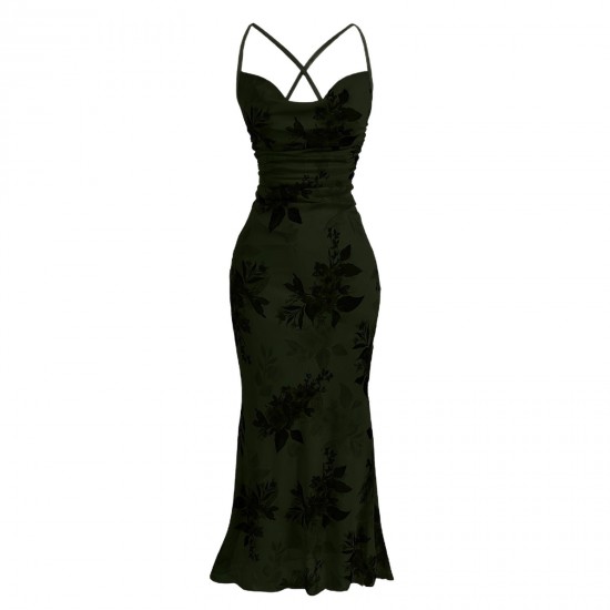 European and American high-end slim-fit maxi dress: elegant, slim-fitting mesh print, cross-back camisole dress.