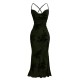 European and American high-end slim-fit maxi dress: elegant, slim-fitting mesh print, cross-back camisole dress.