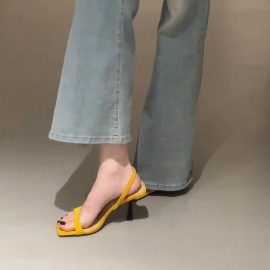 Women's square-toed, open-toe sandals, summer French-style, stiletto, slingback black high heels with skirts.